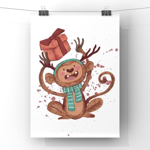 Christmas Animal Wall Art Winter Holiday Monkey with gift  home decor art Print - Picture 2 of 4